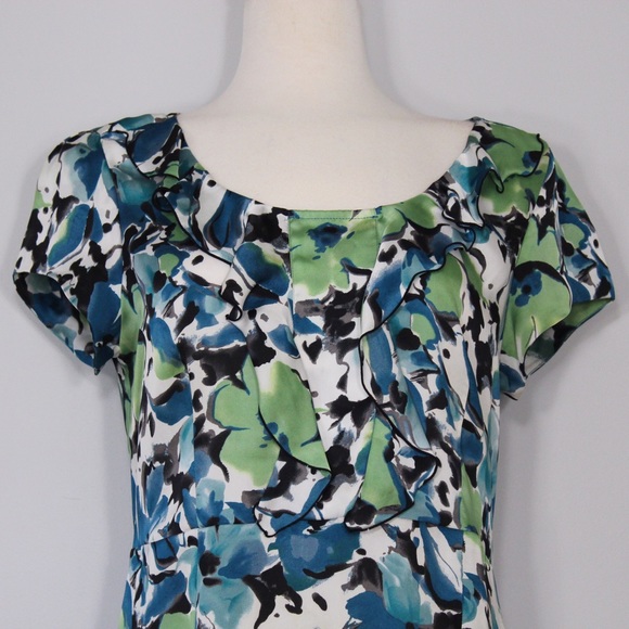 Axcess by Liz Claiborne Blue and Green Multicolor Floral Blouse with Ruffles - Picture 3 of 3